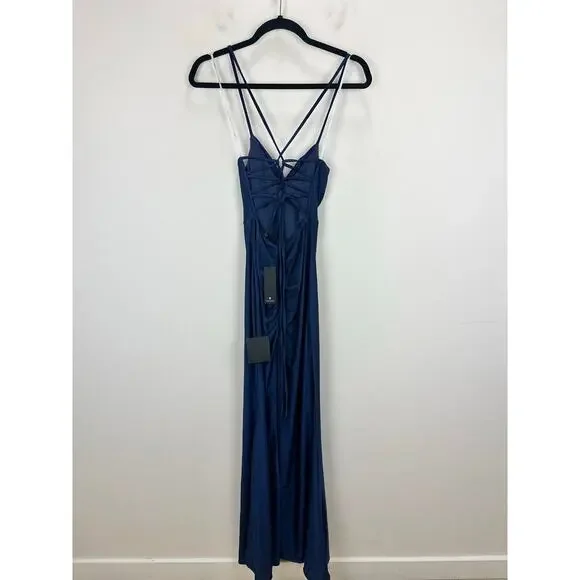 Lulus Iconic Allure Navy Blue Cowl Neck Lace Up Ruched Maxi Dress Stretch XS NWT - Picture 10 of 13